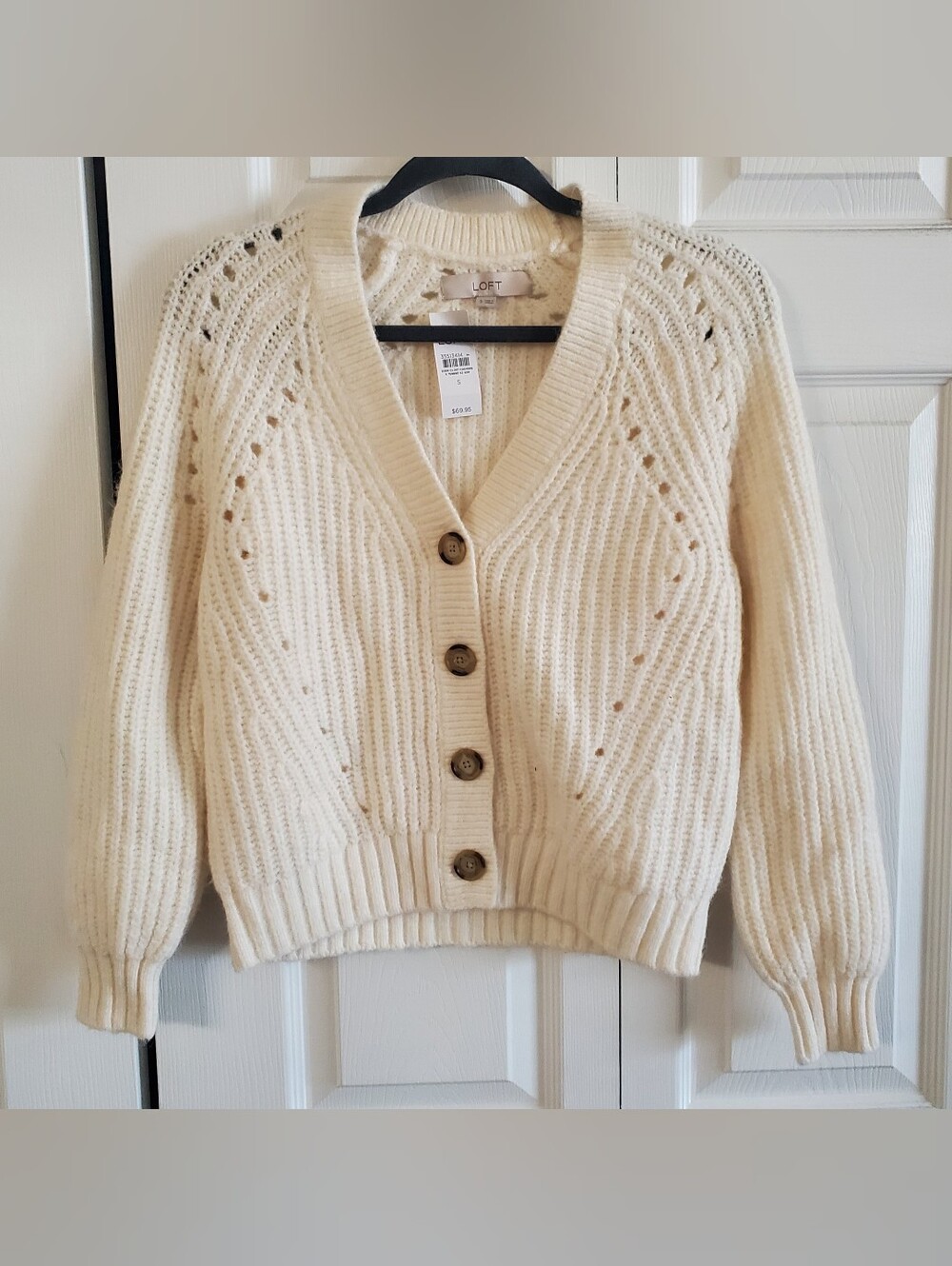 LOFT NWT SMALL CREAM BUTTON UP CARDIGAN . PREPPY. POINTELLE KNIT